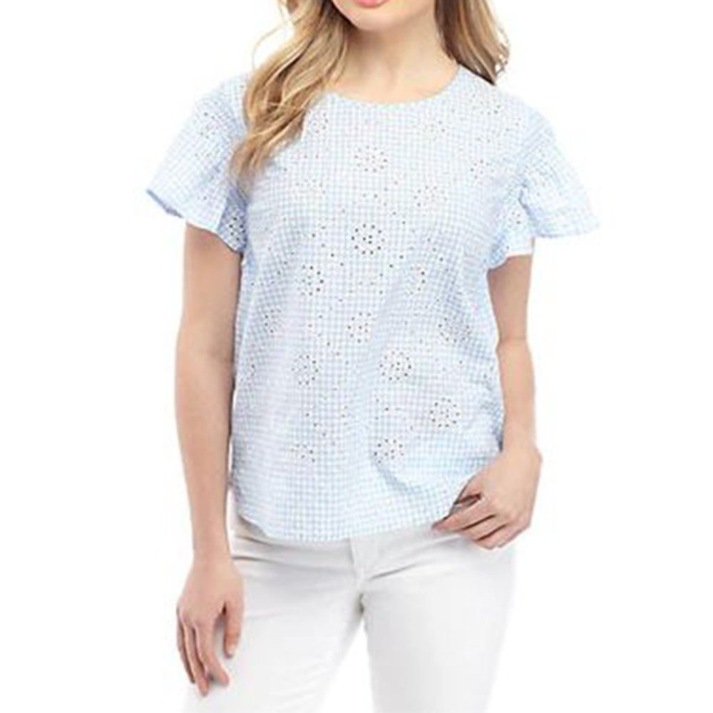 Crown & Ivy Flutter Sleeve Crewneck Eyelet Top - Picture 1 of 7